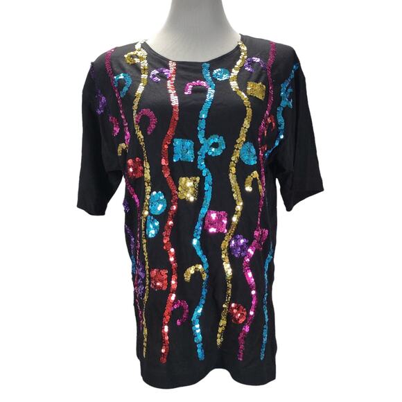 Vtg 80s Carducci Rainbow Sequin Top Size M Black Statement Shoulder Pads Disco - Picture 1 of 10